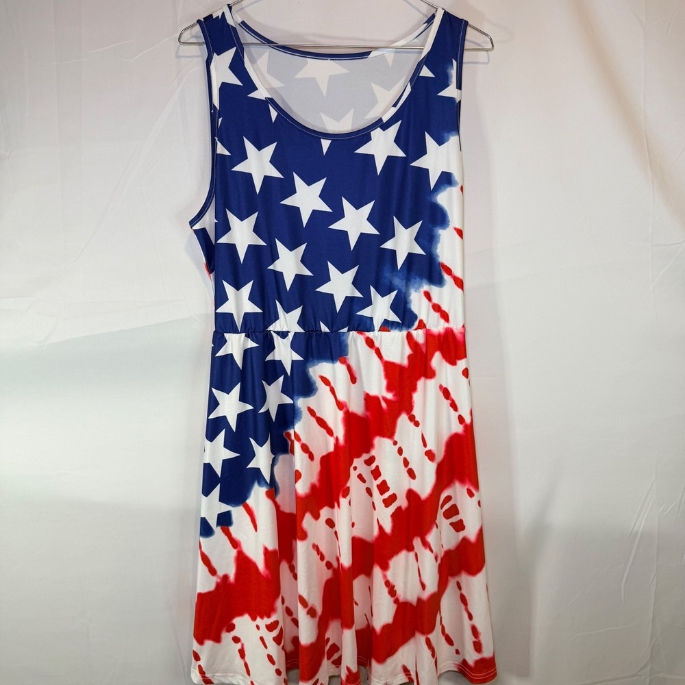 Women's Red White Blue 0XL Patriotic Sleeveless Tie Dye Skater Dress 4th of July